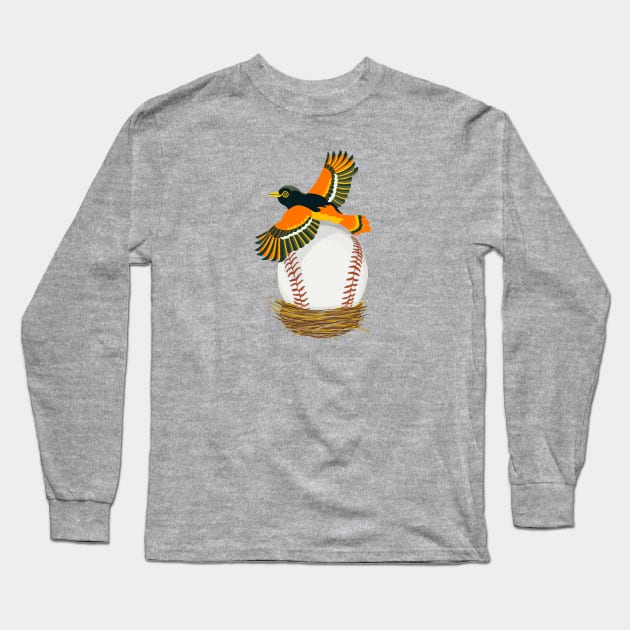 Play Ball! Oriole Baseball Egg in Nest Long Sleeve T-Shirt by BullShirtCo